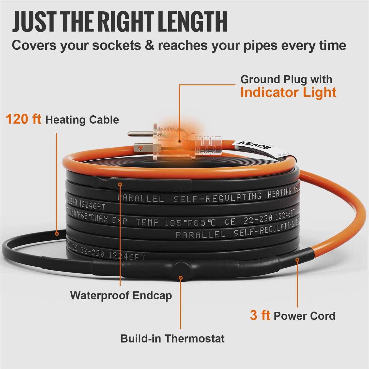 VEVOR Self-Regulating Pipe Heating Cable 5W/ft Heat Tape for Pipes Freeze Protection, Protects PVC Hose, Metal and Plastic Pipe from - Image 5