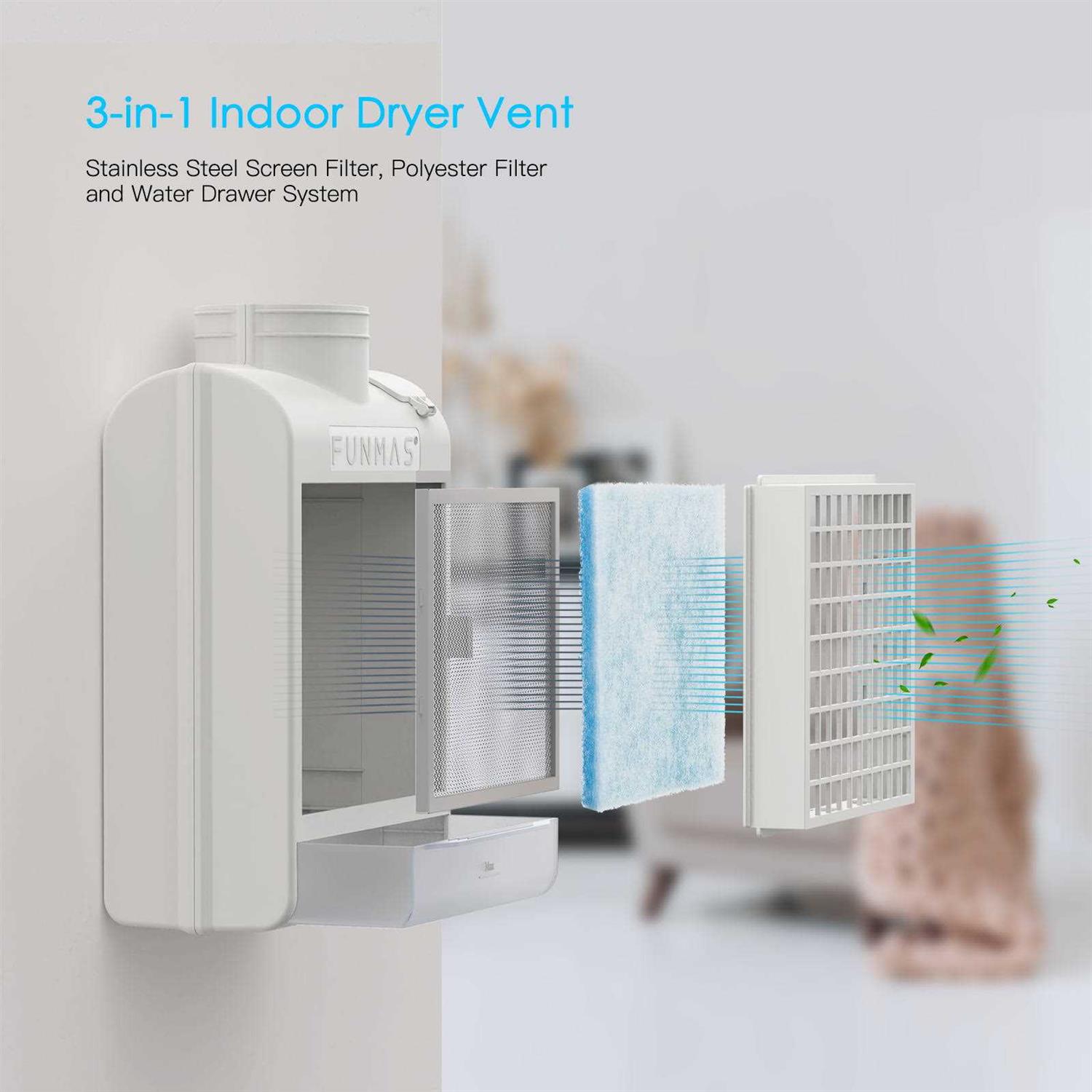 Funmas 3-in-1 Indoor Dryer Vent, Stainless Steel Screen Filter, Polyester Filter and Water Drawer System - Image 3