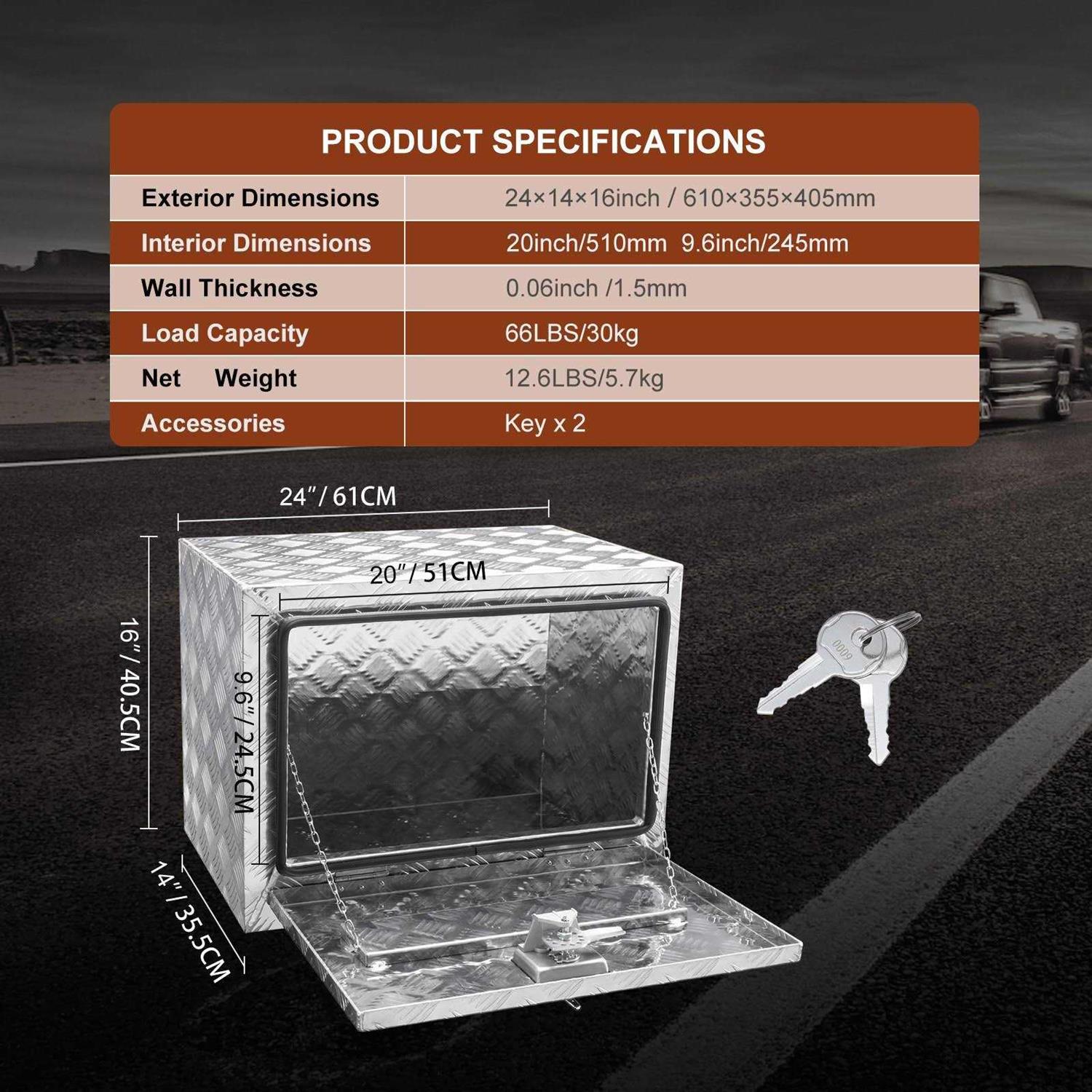 VEVOR Underbody Truck Box Pickup Storage Box, Heavy Duty Aluminum Diamond Plate Tool Box with Lock and Keys - Image 3