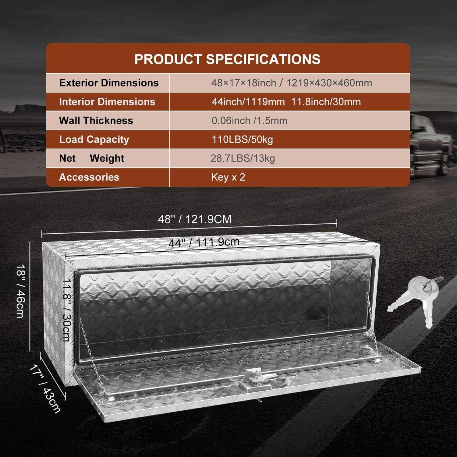 VEVOR Underbody Truck Box Pickup Storage Box, Heavy Duty Aluminum Diamond Plate Tool Box with Lock and Keys - Image 4