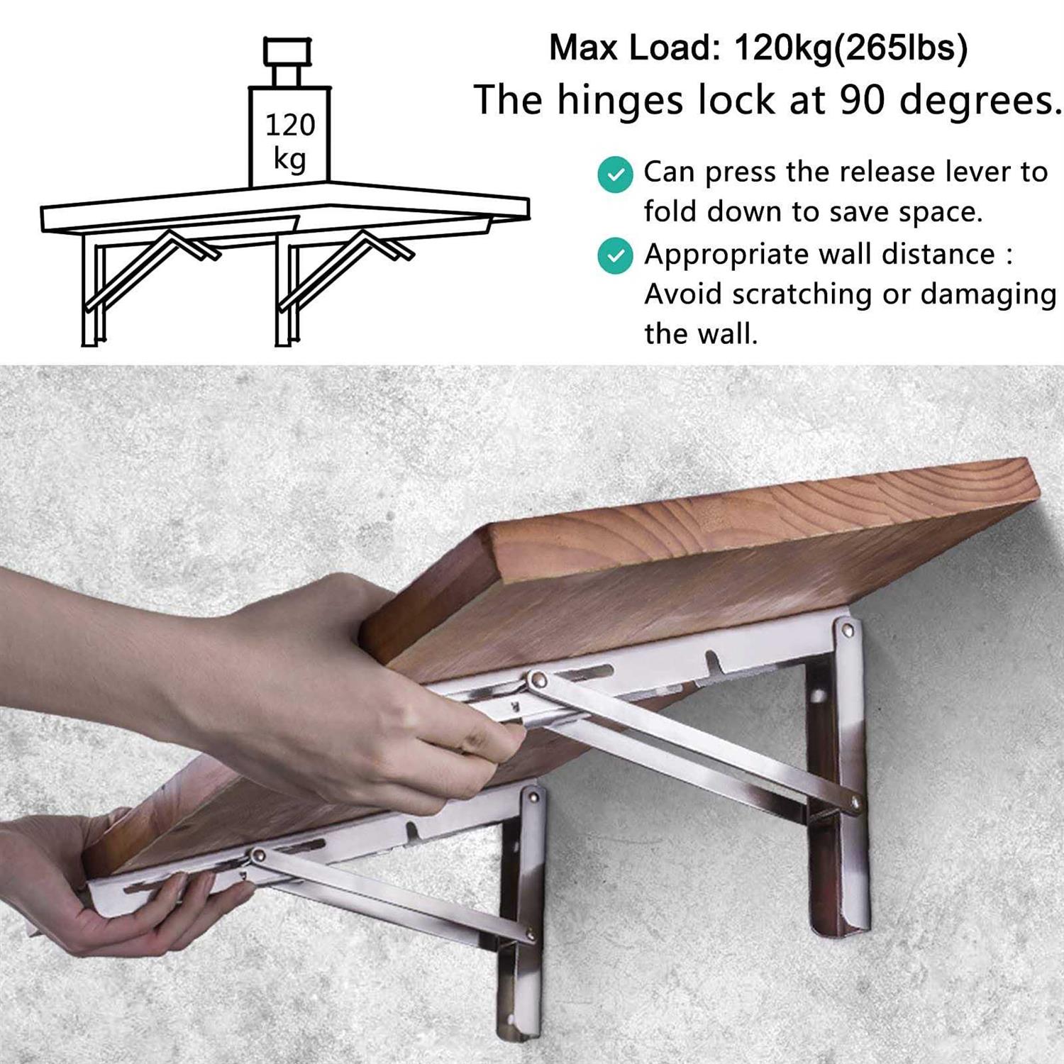 Folding Shelf Brackets 12 Inch Pynsseu Heavy Duty Stainless Steel Collapsible Wall Mounted Shelf Bracket for DIY Table Work Bench - Image 5