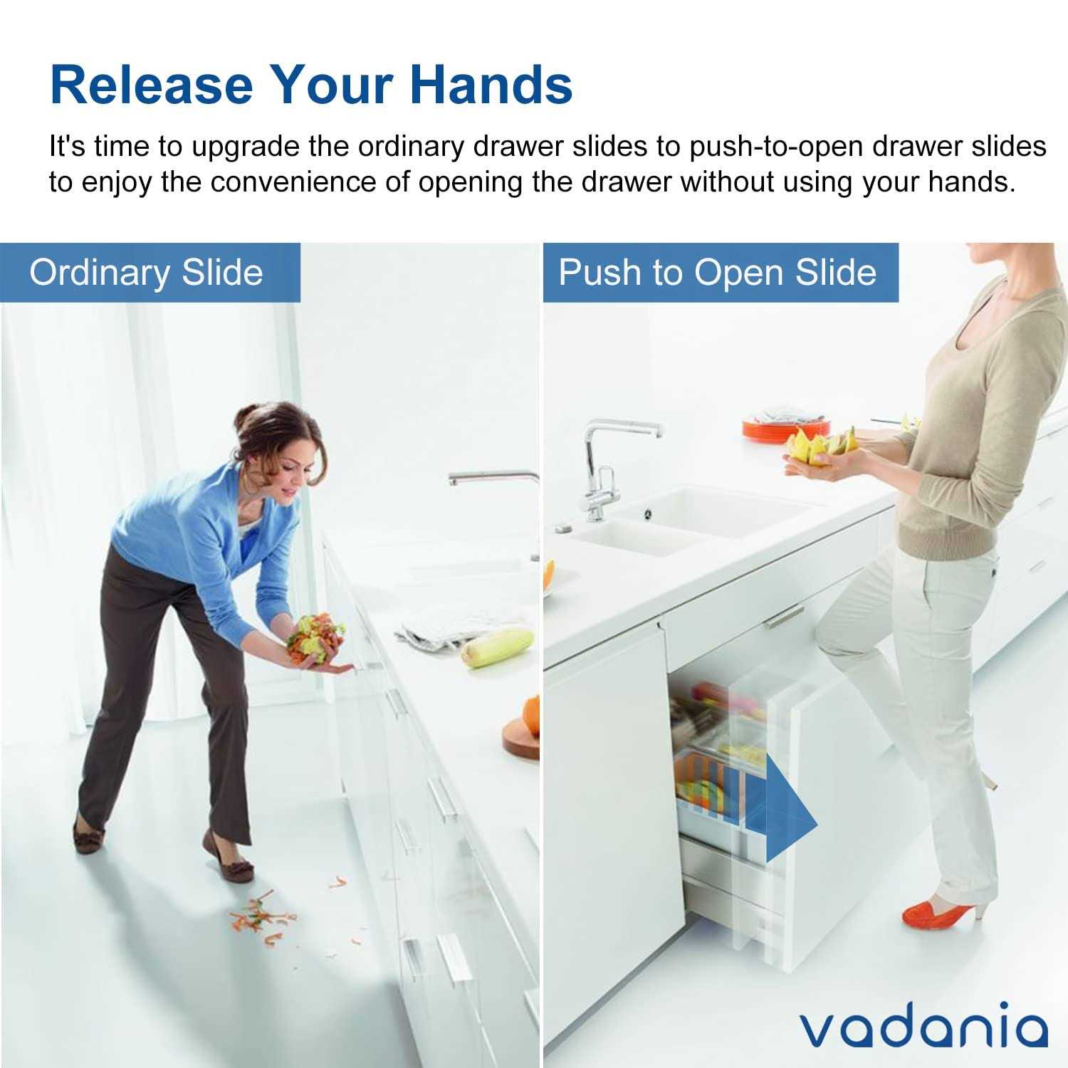 VADANIA Vf1245 Push to Open Drawer Slides Ball Bearing Side Mount 3-Fold Full Extension - Image 4