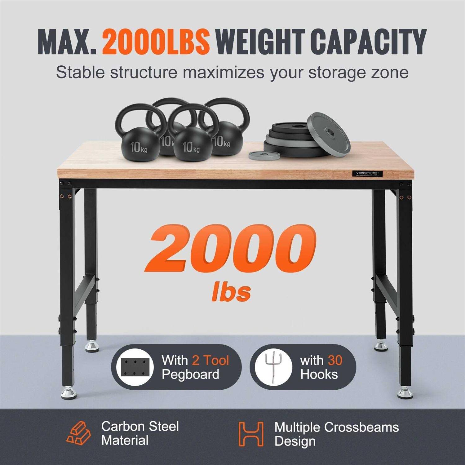 VEVOR Adjustable Workbench Garage Worktable with Universal Wheels - Image 3