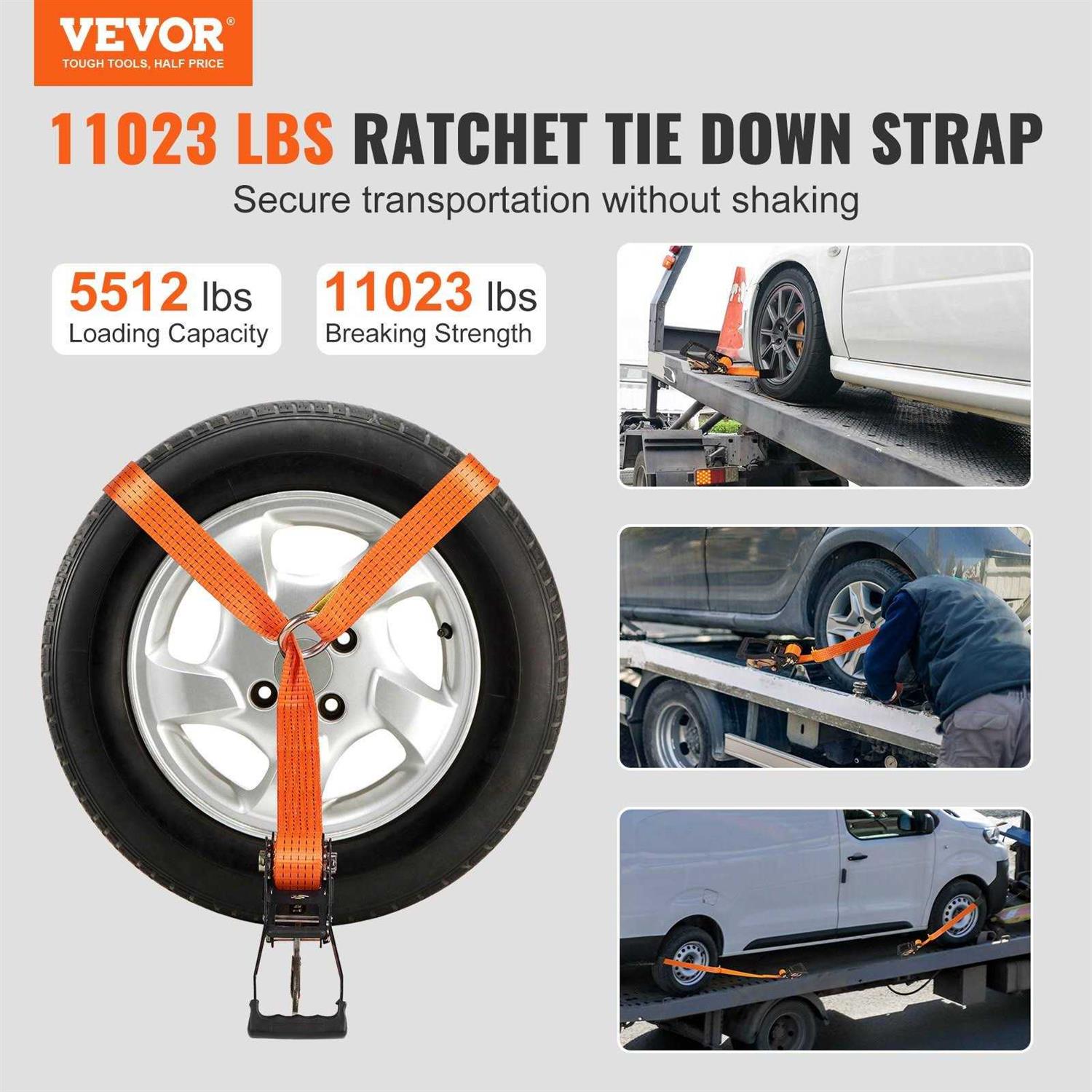 VEVOR Ratchet Tie Down Straps Kit Lasso Style 2 x 120 Tire Straps - Image 3