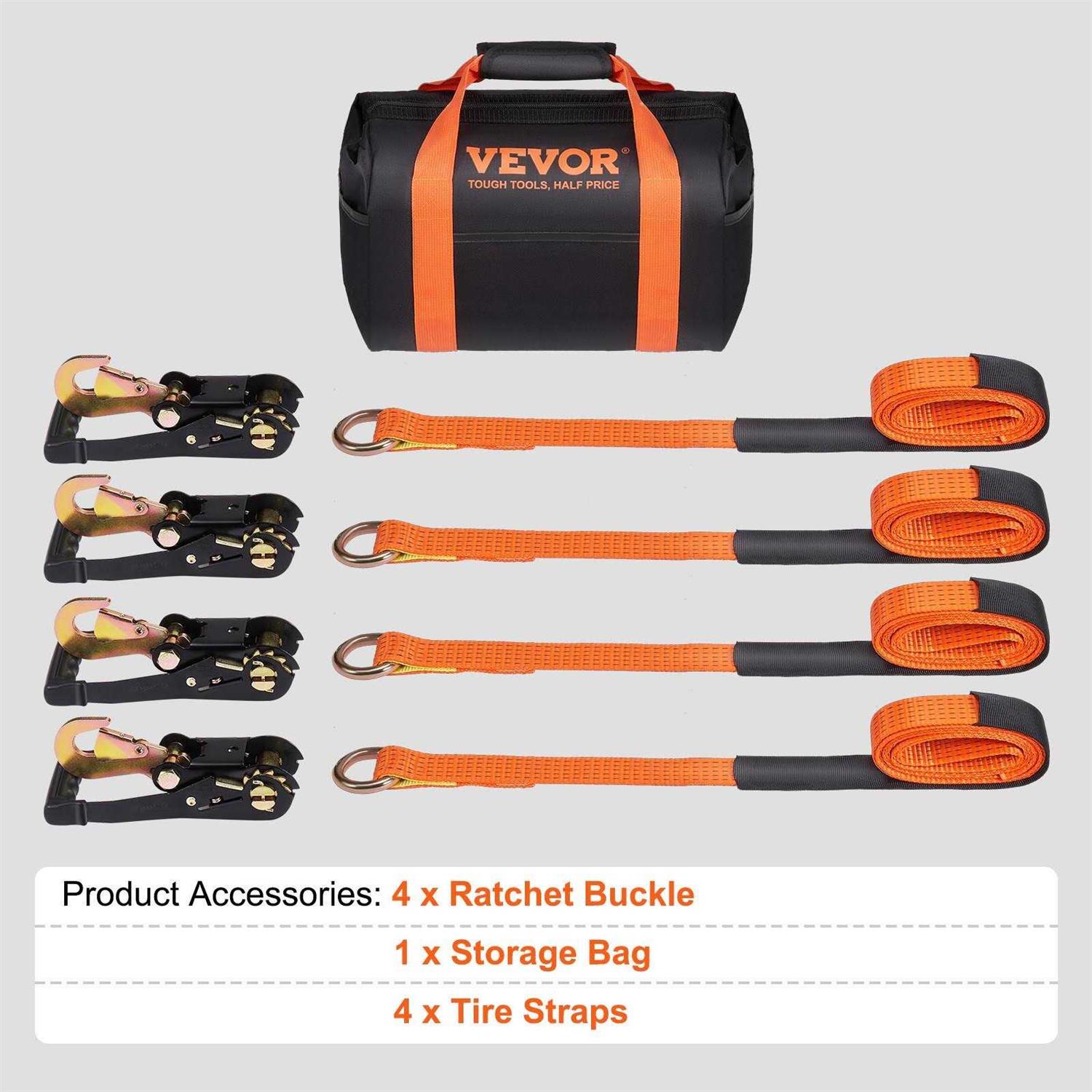 VEVOR Ratchet Tie Down Straps Kit Lasso Style 2 x 120 Tire Straps - Image 4