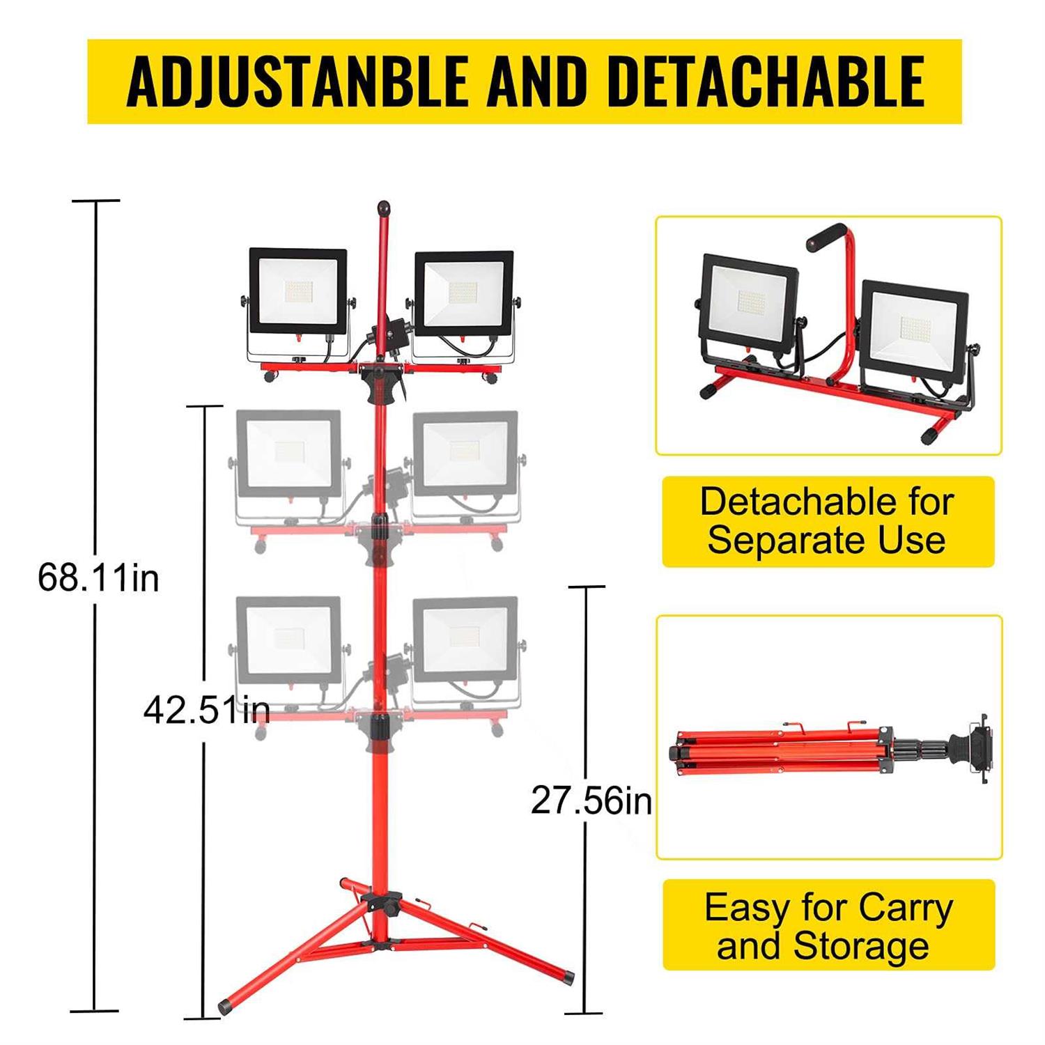 VEVOR LED Work Light with Stand Dual-head LED Work Light with 27.6-68.1 Adjustable and Foldable Tripod Stand - Image 4