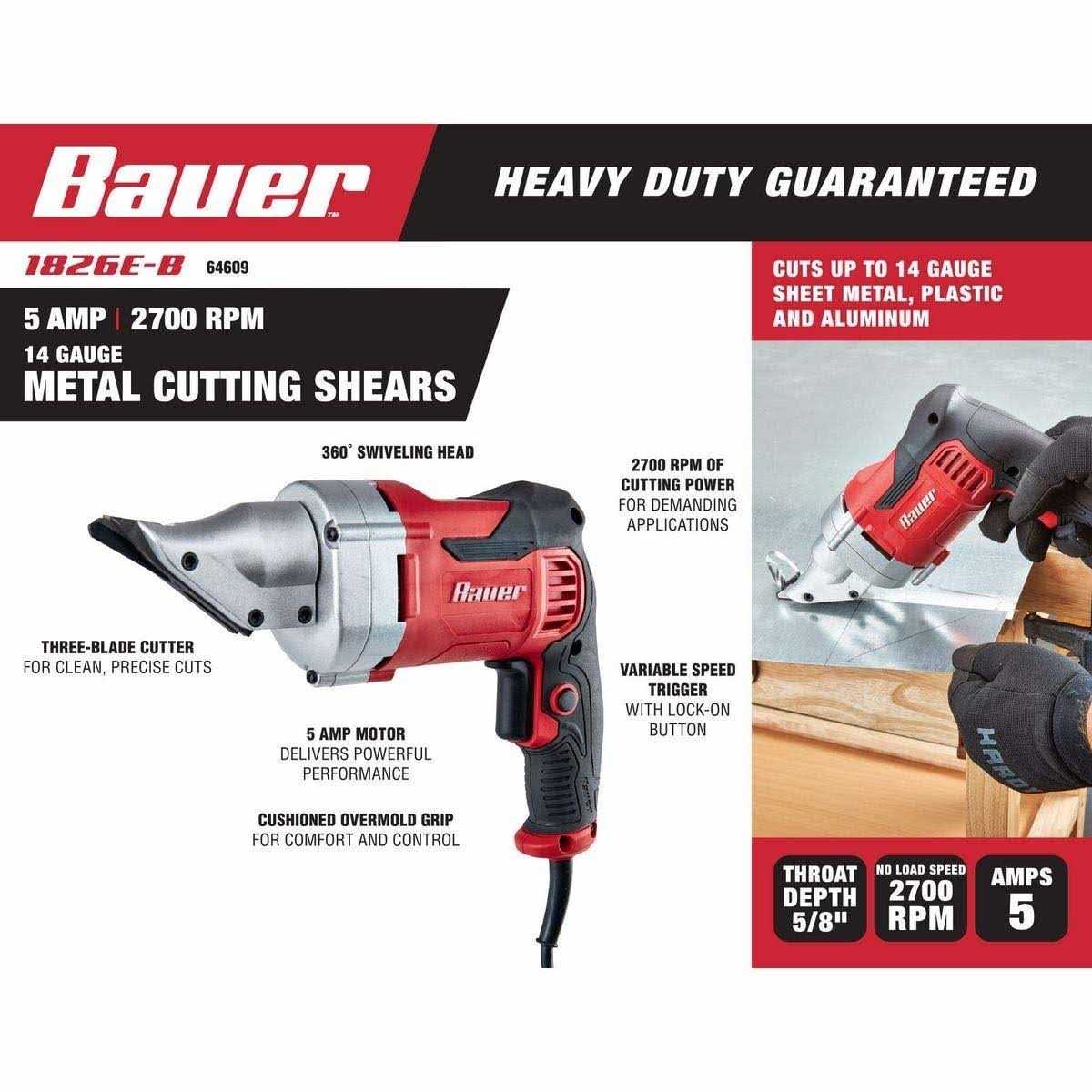 Bauer 14 Gauge Heavy Duty 5 Amp Professional Metal Shears - Image 3