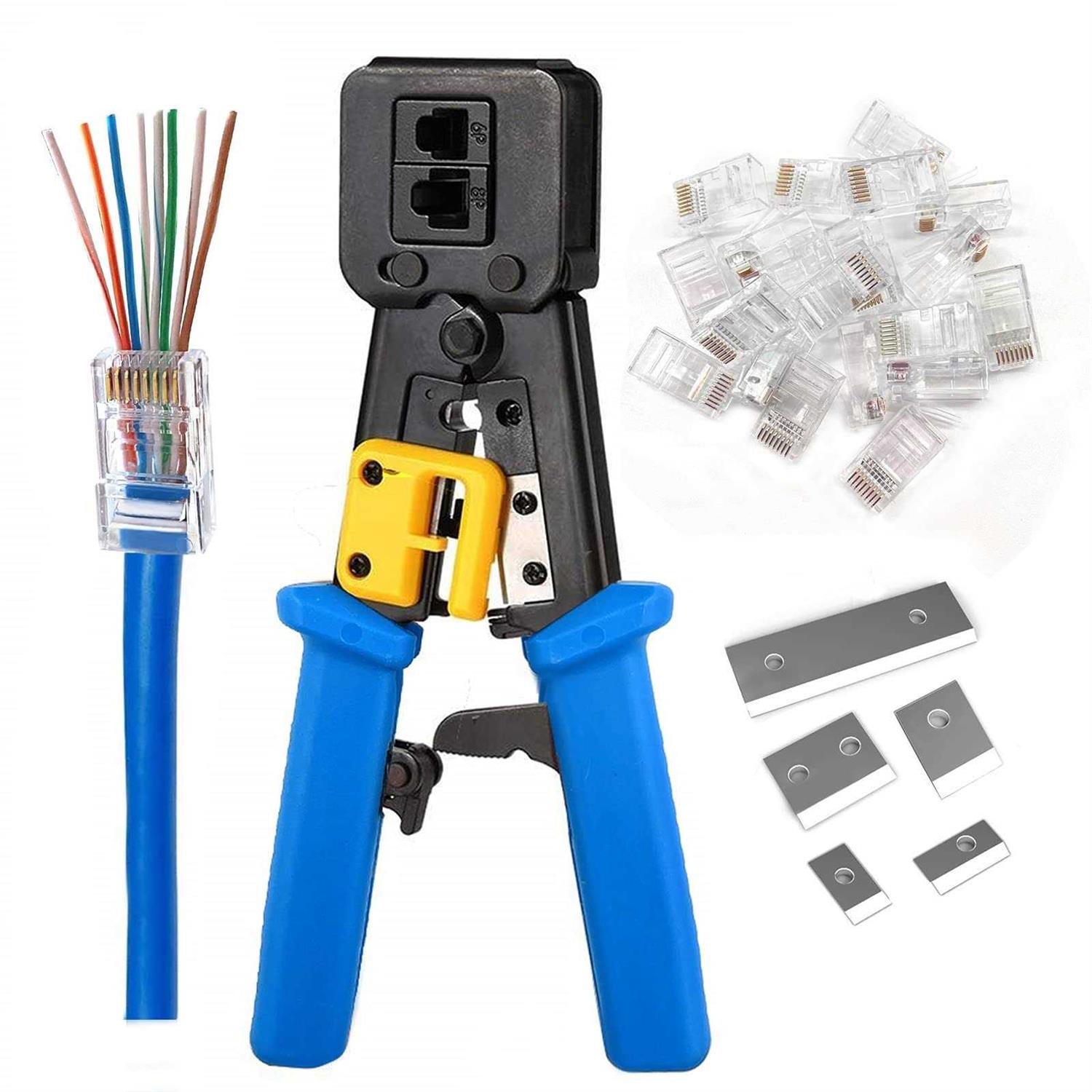 PETECHTOOL RJ45 Crimping Tool Ethernet Crimper for Cat6 Cat5 Cat5e RJ45 Pass Through Connectors and RJ12 Ends Comes with 20PCS RJ45 Cat6 Co