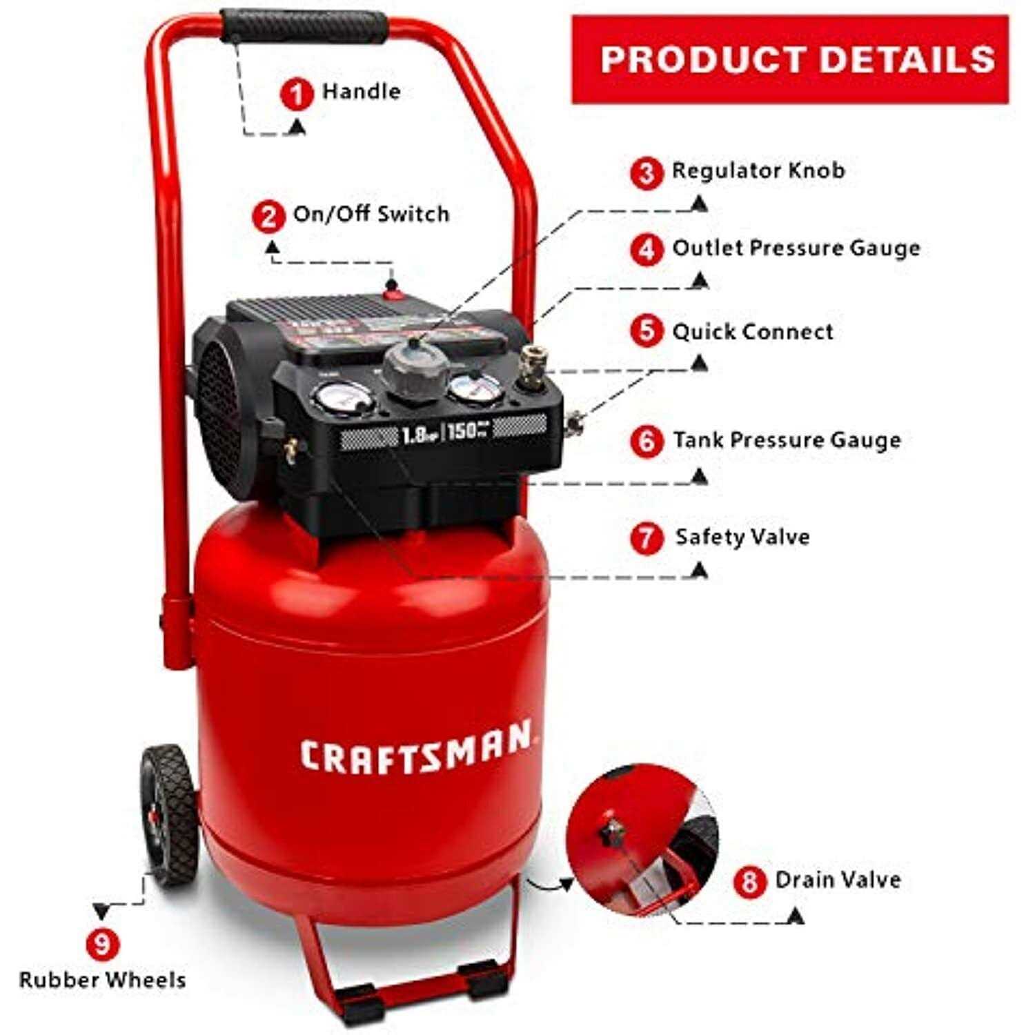 Craftsman 10 gal Vertical Portable Air Compressor Tank 150 psi 1.8 HP - Image 4