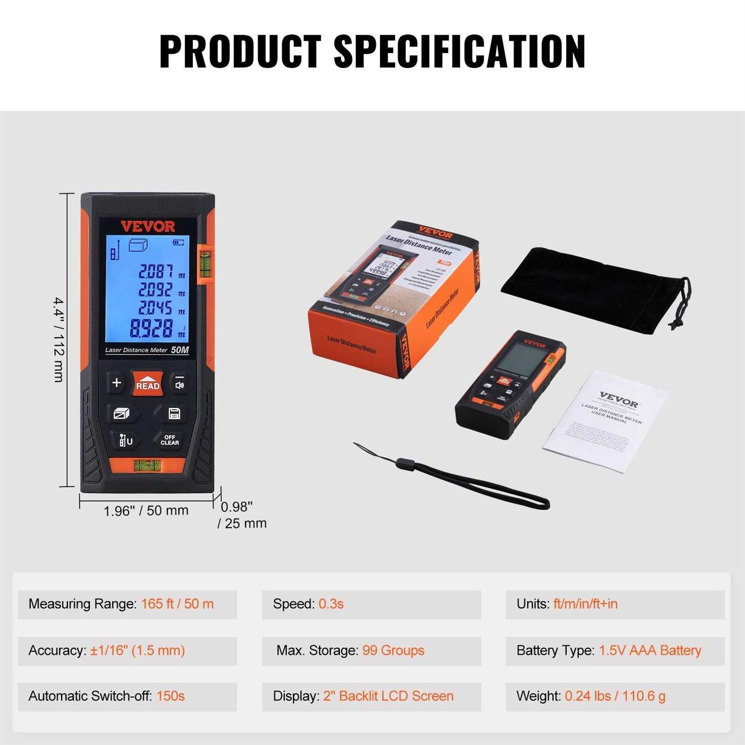VEVOR Laser Measure Laser Measurement Tool Laser Distance Meter with Electronic Angle - Image 4