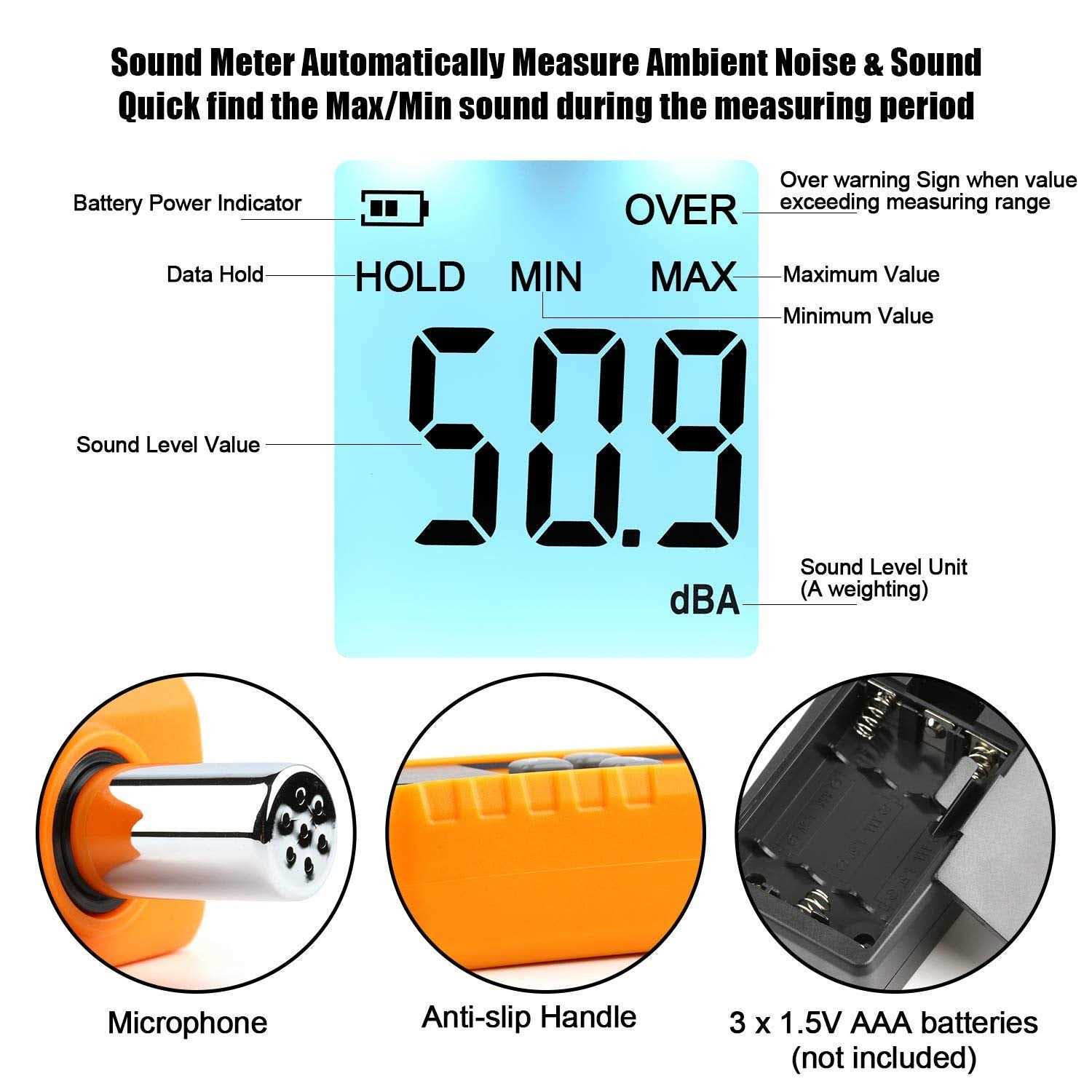 XRCLIF Decibel Meter Sound Level Reader 30-130db Hand-held Sound Noise Meter with Backlight Alarm - Image 5