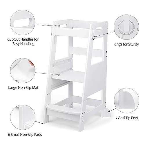 Toetol Bamboo Toddler Kitchen Step Stool white Helper Standing Tower Height adju - Image 4