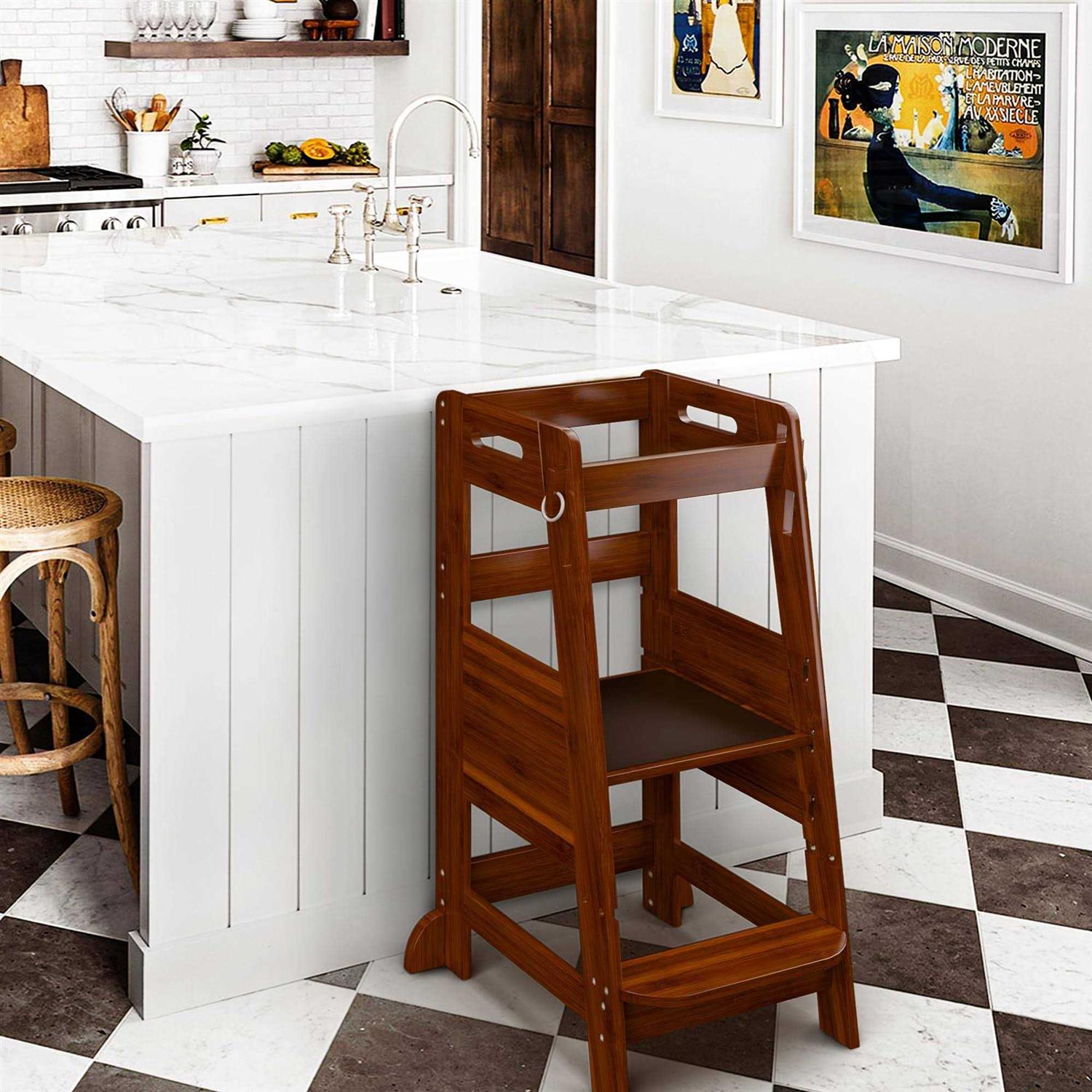 Toetol Bamboo Toddler Kitchen Step Stool white Helper Standing Tower Height adju - Image 3