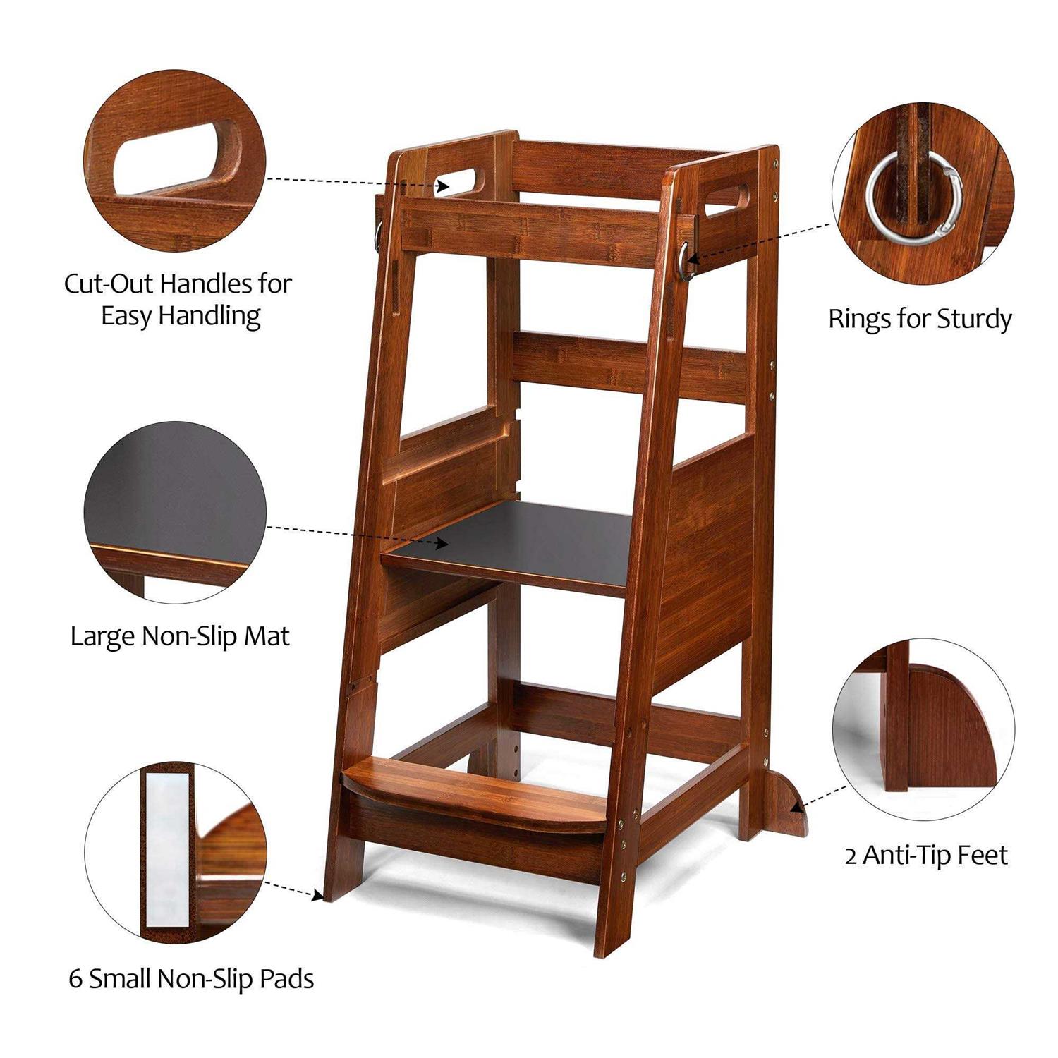 Toetol Bamboo Toddler Kitchen Step Stool white Helper Standing Tower Height adju - Image 5