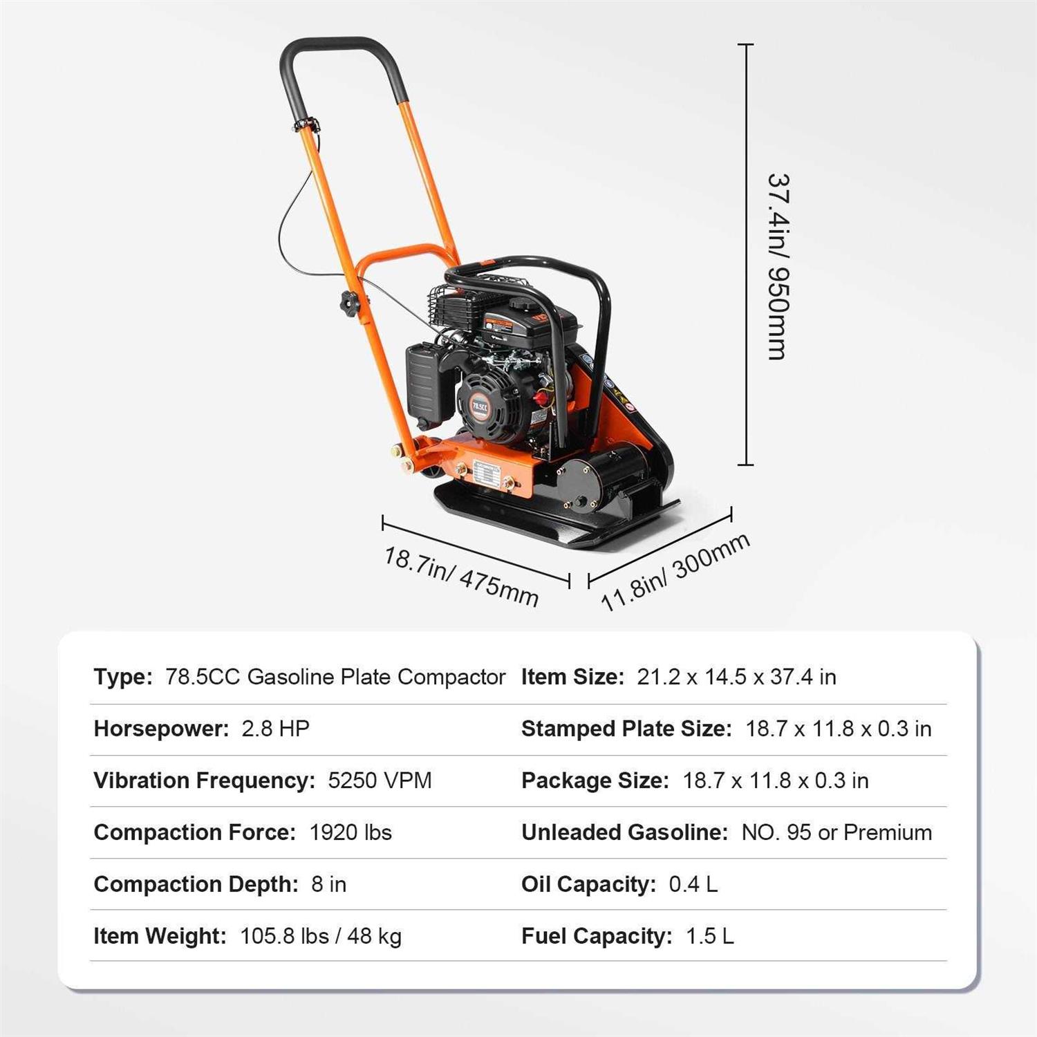 VEVOR Plate Compactor 2.8 HP 78.5CC Gas Engine 5,250 Vpm - Image 4