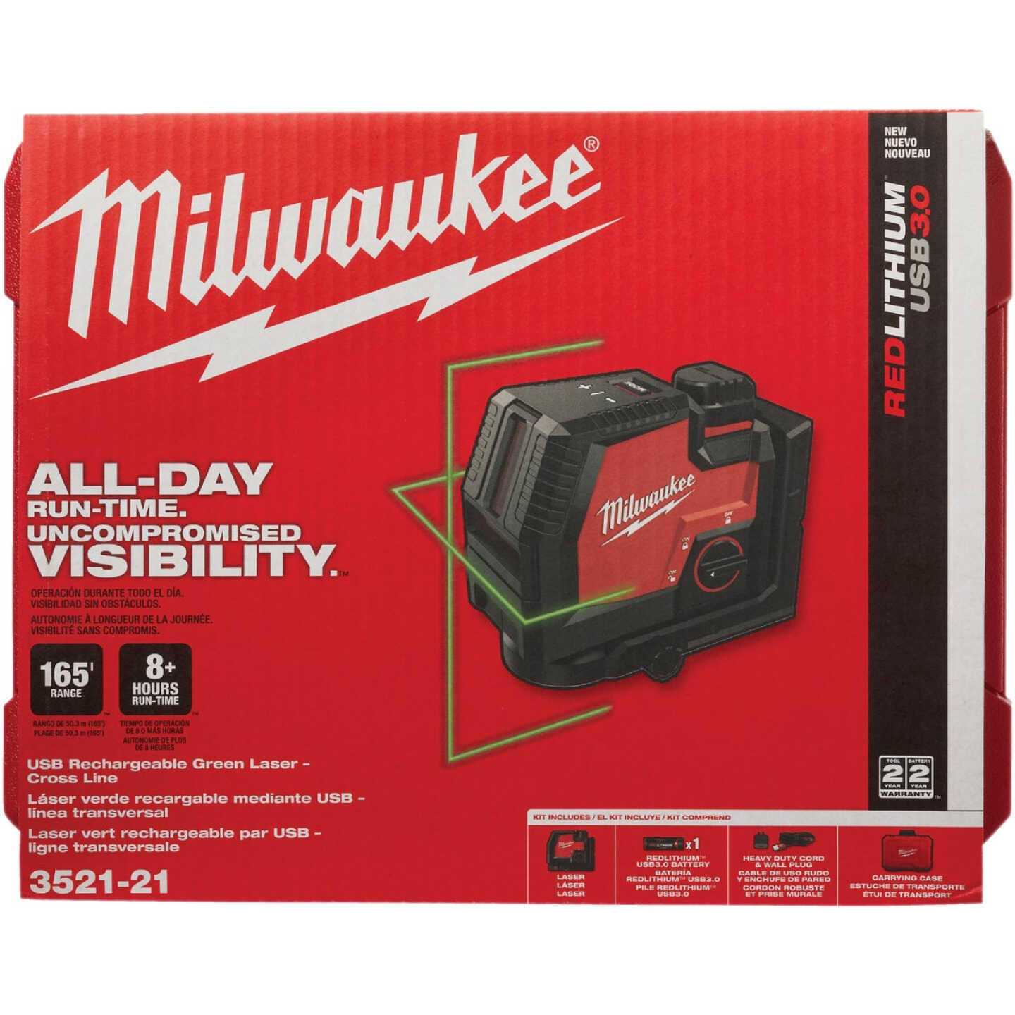 3521-21 Milwaukee USB Rechargeable Green Cross Line Laser - Image 4