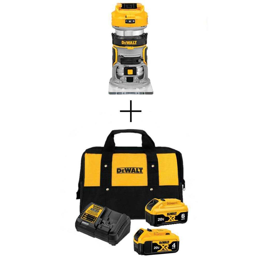 DEWALT 20V MAX XR Cordless Brushless Compact Router, 20V 6.0Ah and 20V 4.0Ah Batteries, and Charger