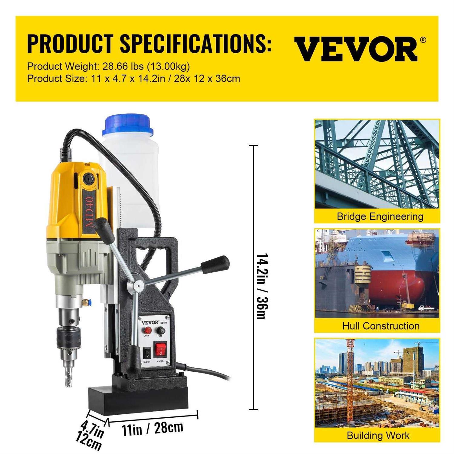 VEVOR Magnetic Drill 1100W 1.57 Boring Diameter 2697lbf/12000N Portable Electric Mag Drill Press with 12 Drilling Bits - Image 3