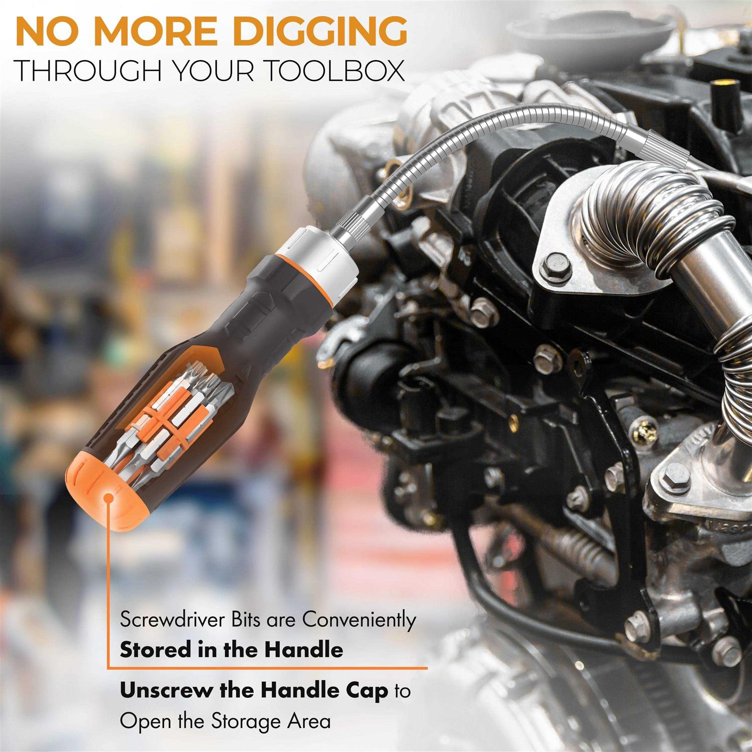 American Mutt Tools Flexible Ratcheting Screwdriver Set with Integrated Bit Holder - Image 4