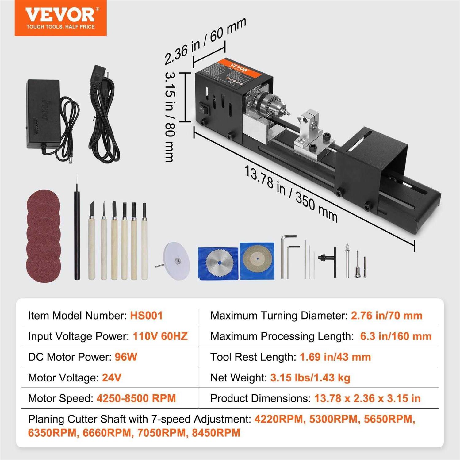 VEVOR Mini Lathe Machine 2.76 in x 6.3 in 24VDC 96W Mini Wood Lathe Tools Milling Machine Accessories - Image 3