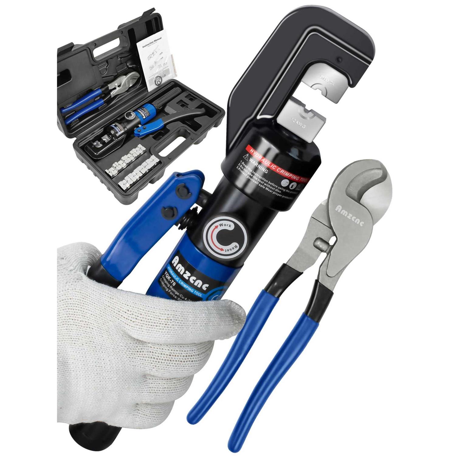 Amzcnc Hydraulic Crimping Tool and Cable Cutter Hydraulic Cable Lug Crimper 8 Us Ton 12 Awg to 00 Electrical Terminal Cable Wire Tool Kit