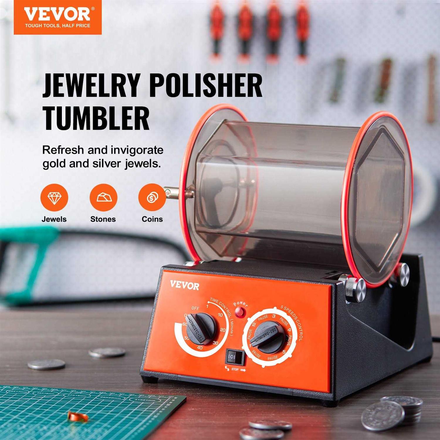 VEVOR Jewelry Polisher Tumbler 6.6lbs/3kg Capacity Mini Rotary Tumbler Machine with 0-60 Minutes Timer 5 Speeds Jewelry Rotary Finisher for Surface - Image 3