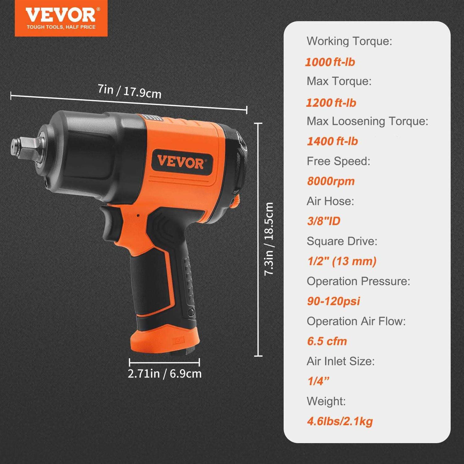 VEVOR Air Impact Wrench 1/2 Square Drive 1400ft-lb Nut-busting Torque 90-120PSI - Image 4