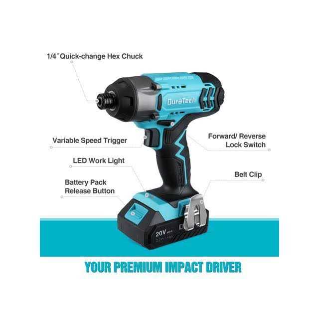 DuraTech 20V Cordless Impact Driver Kit, 1/4-Inch Power Impact Driver with 20-Piece Durable Bits, 1500In-lbs, 2600RPM, LED Light, 2.0Ah Battery and Fa - Image 2