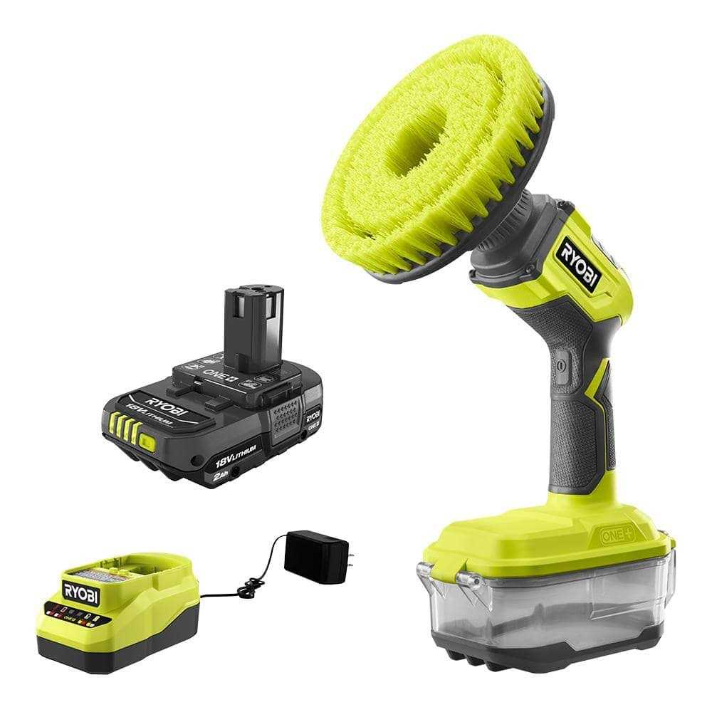 RYOBI ONE+ 18V Cordless Compact Power Scrubber Kit with 2.0 Ah Battery, Charger, and 6 Kit