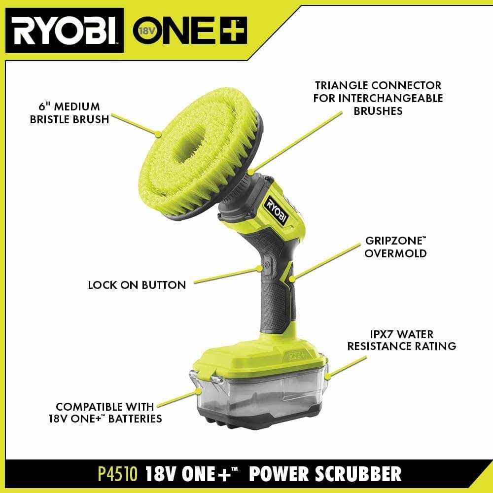 RYOBI ONE+ 18V Cordless Compact Power Scrubber Kit with 2.0 Ah Battery, Charger, and 6 Kit - Image 2