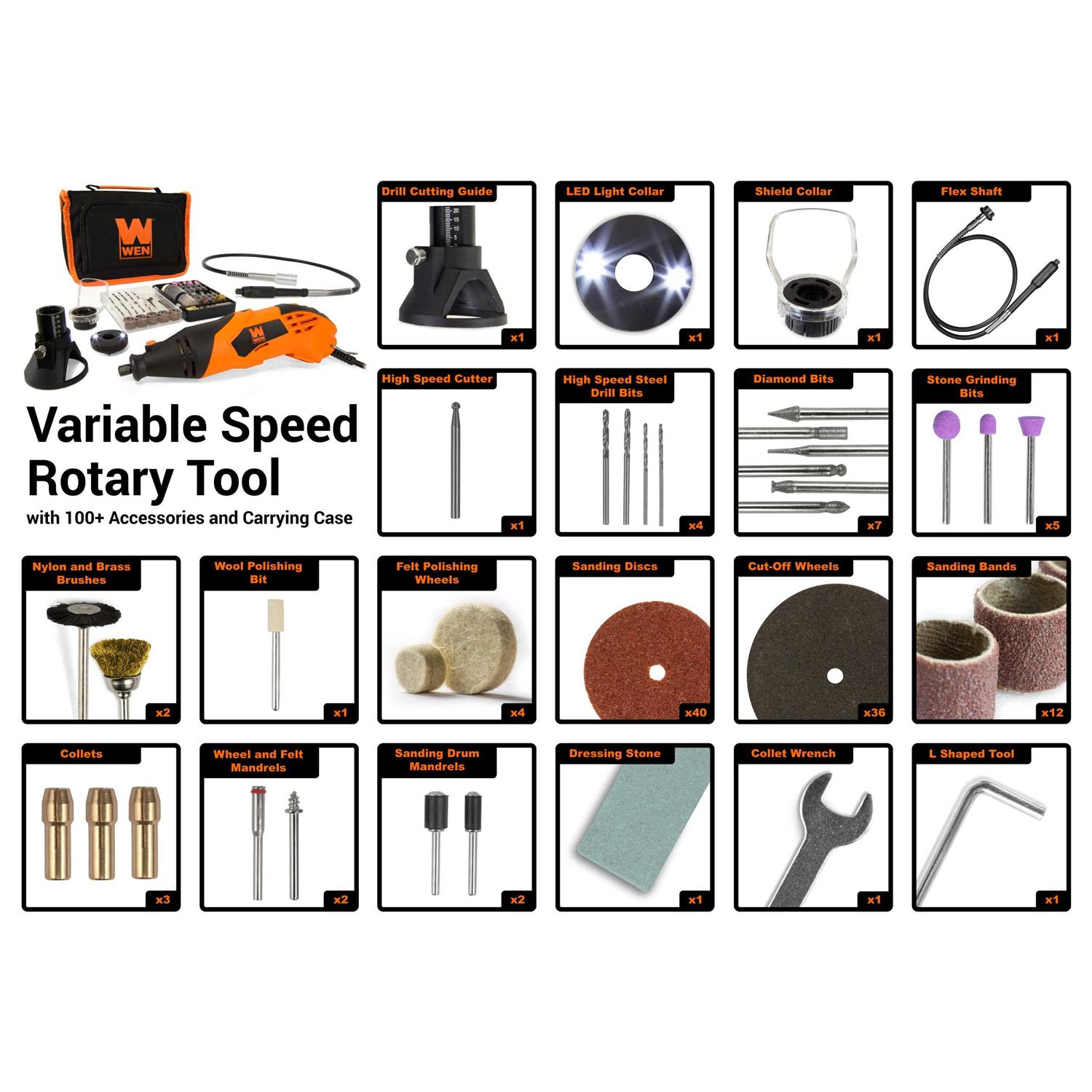 WEN 1.4 Amp High-Powered Variable Speed Rotary Tool with Cutting Guide, LED Collar, 100+ Accessories, Case and Flex Shaft - Image 3