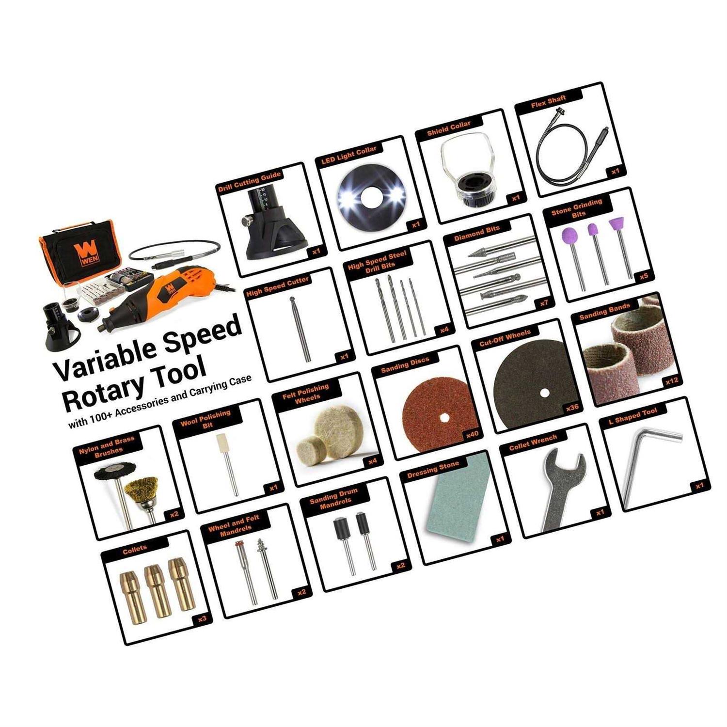 WEN 1.4 Amp High-Powered Variable Speed Rotary Tool with Cutting Guide, LED Collar, 100+ Accessories, Case and Flex Shaft - Image 5