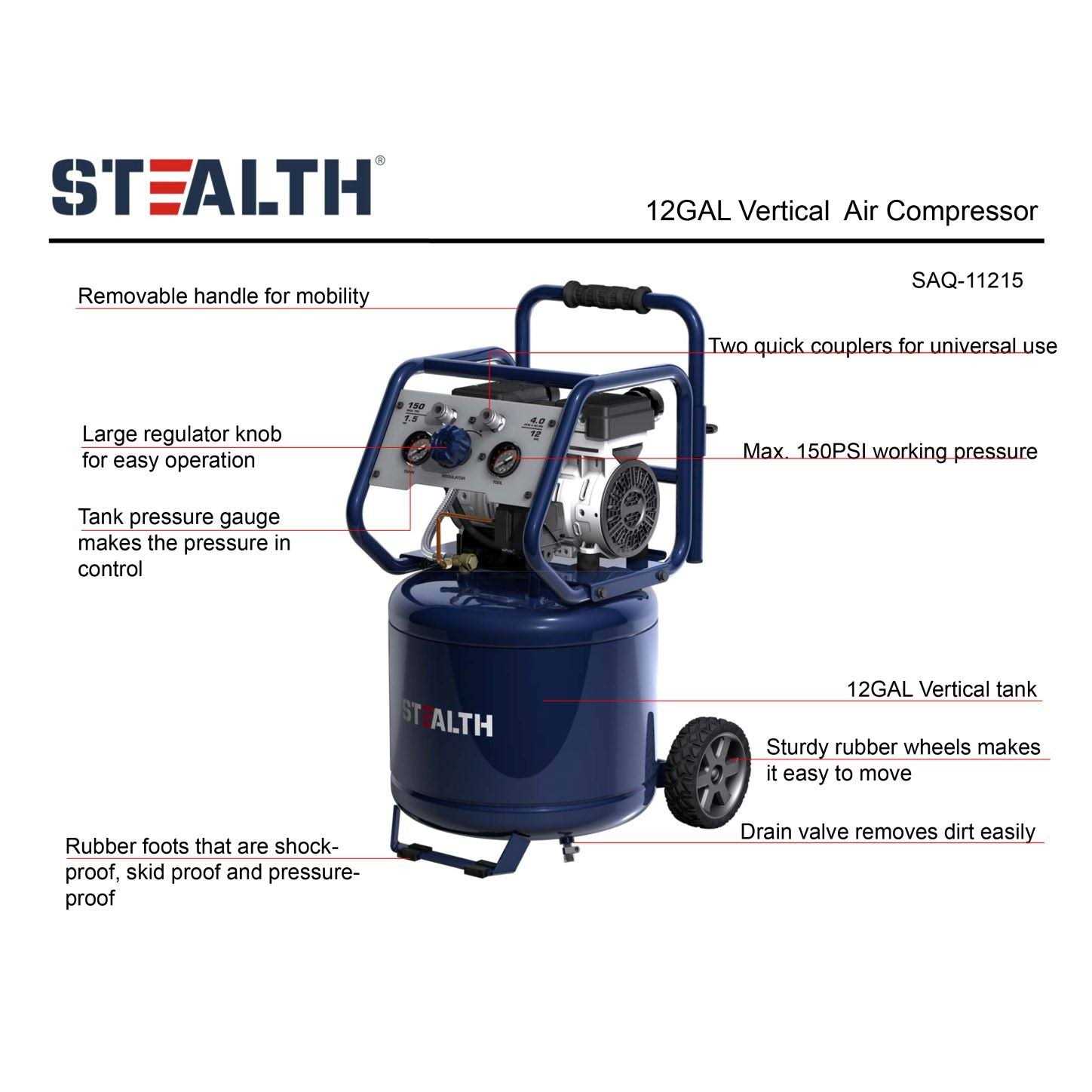 Stealth 12 Gallon Vertical Quiet Air Compressor - Image 2