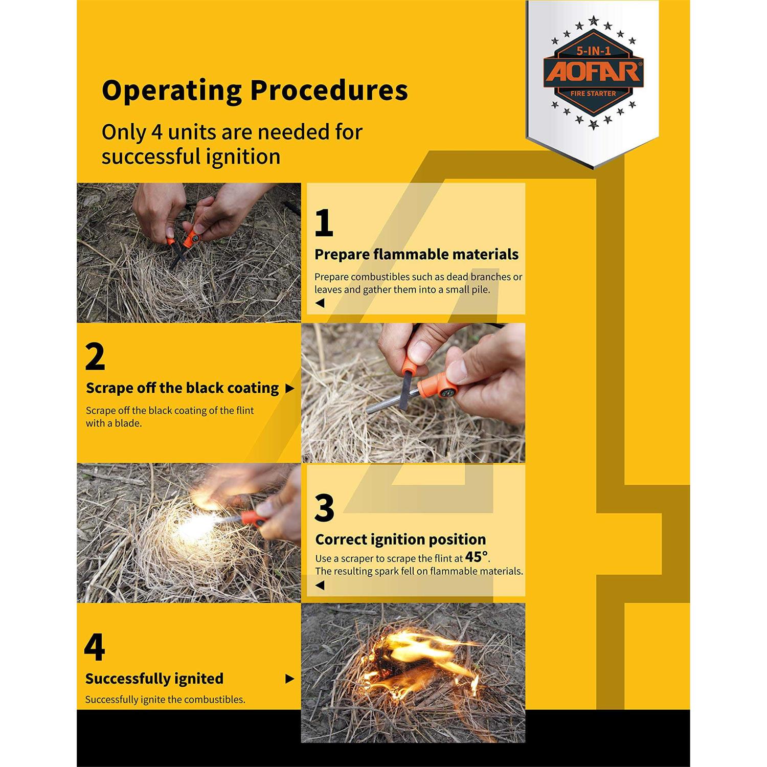 AOFAR Fire Starter AF-381/AF-381plus Fire Steel with Paracord and Whistle for Camping - Image 3