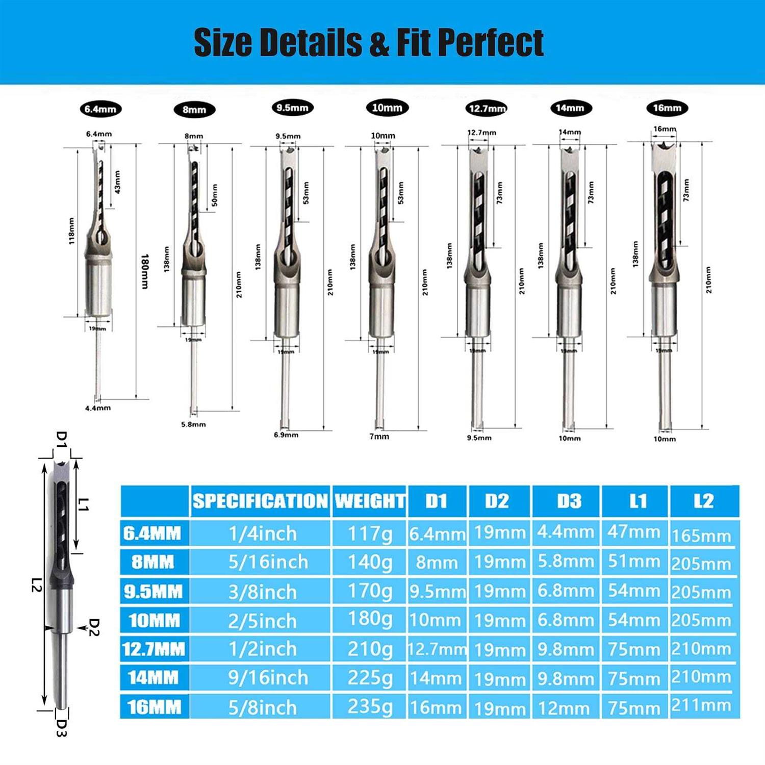 Woodworking Square Hole Drill Bits, Wood Mortising Chisel Set Wood Square Hole Mortising Chisel Drill Bits for Mortising Machines and Drill Press - Image 5