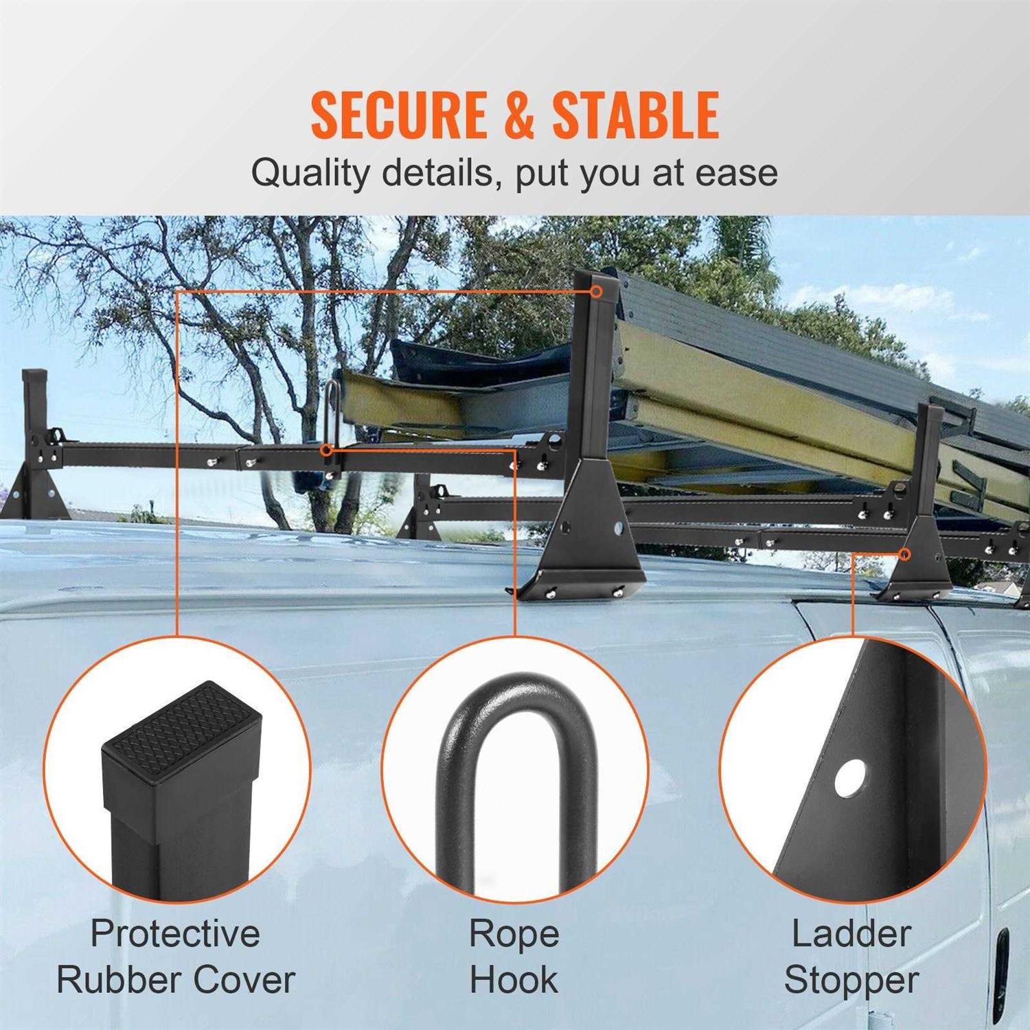 VEVOR Roof Ladder Rack Van Ladder Rack with Ladder Stoppers 3 Bars 661 Lbs Black HCTJHSECOTRIC1S4TV0 - Image 4