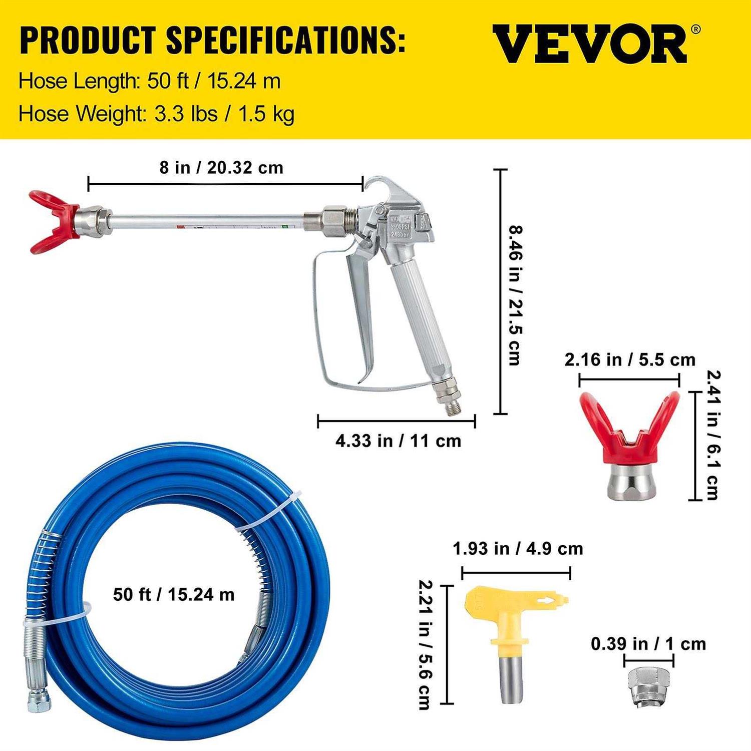 VEVOR Airless Paint Spray Hose Kit 50ft 1/4 Swivel Joint 3600psi with 517 Tip - Image 3