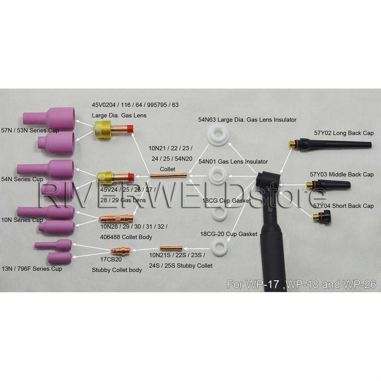 Riverweld TIG Gas Lens Collet Body Consumables Kit Fit Qq300 PTA DB SR WP 17 18 26 TIG Welding Torch 51pcs - Image 4