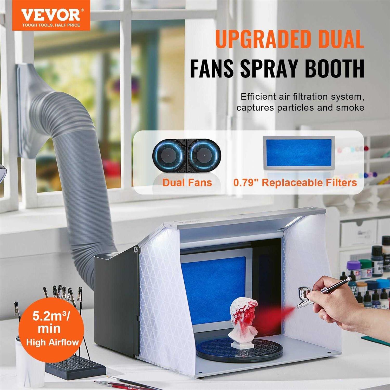 VEVOR Airbrush Spray Booth Portable Hobby Airbrush Paint Spray Booth Kit with 4 Led Light Powerful Dual Exhaust Fans Turntable and 6 ft Extension - Image 4