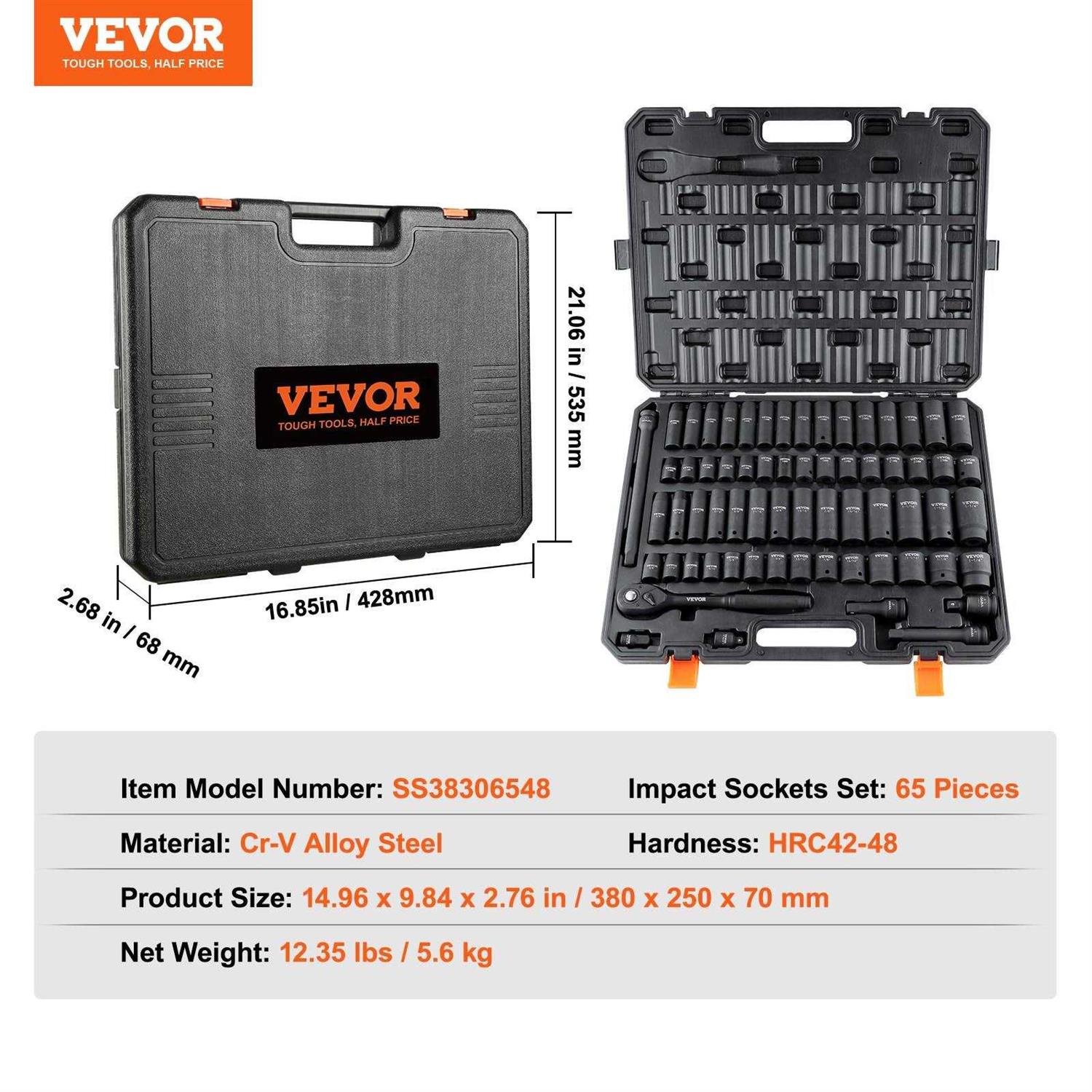 VEVOR 1/2 Drive Impact Socket Set, 65 Piece Socket Set Sae 3/8 to 1-1/4 and Metric 10-24mm - Image 3