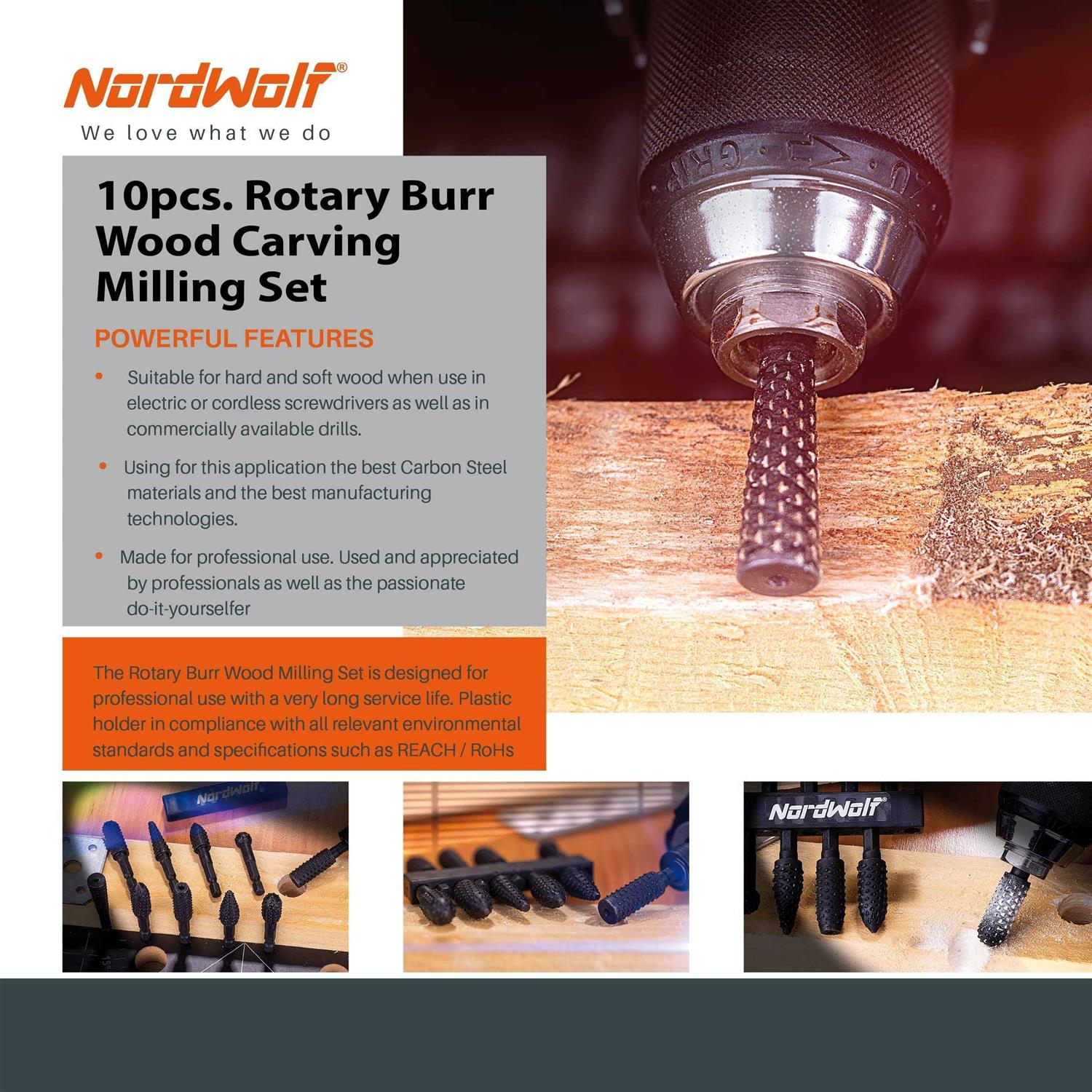 NordWolf 10-Piece Rotary Burr Wood Carving Rasp Files Set, with 1/4 Hex Shank for Wood & Rubber Deburring, Shaping and Grooving - Image 3