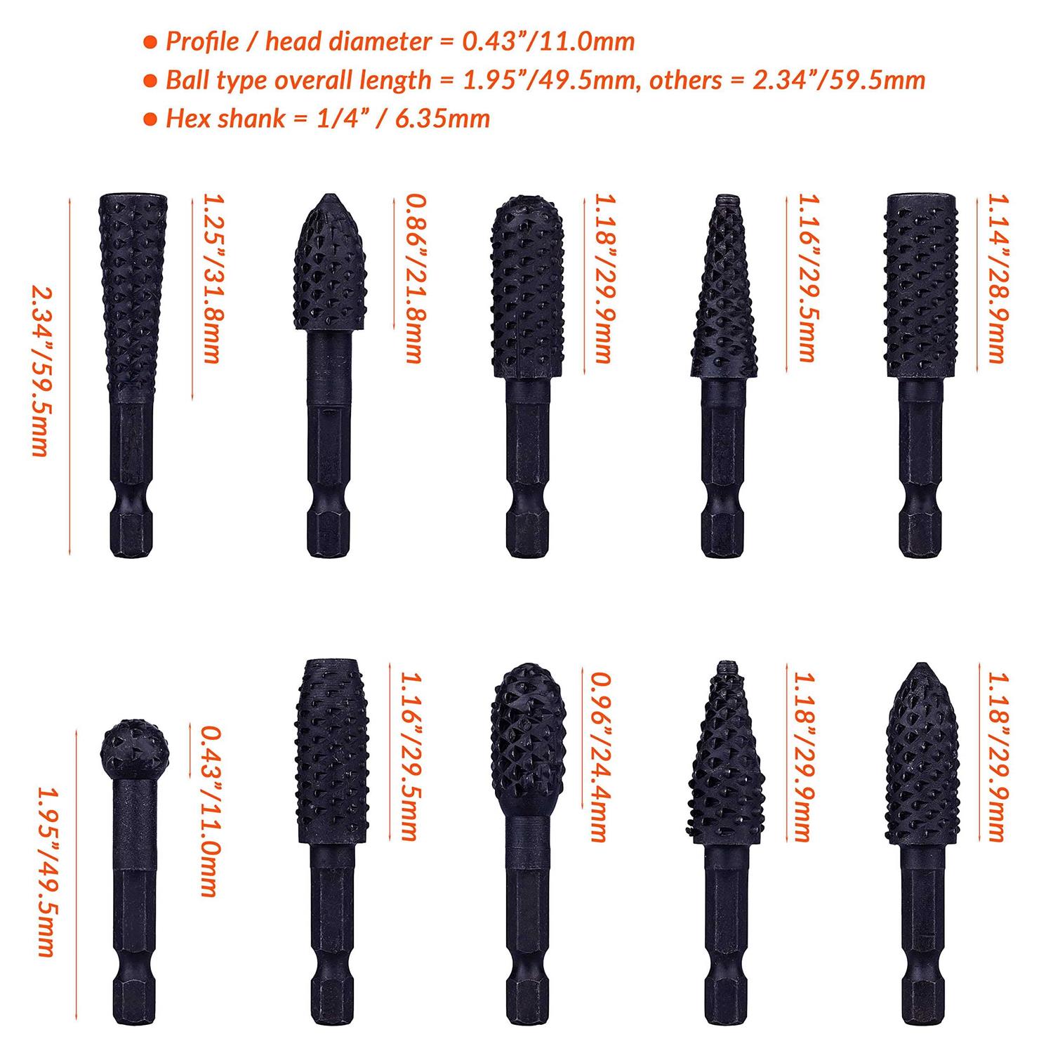 NordWolf 10-Piece Rotary Burr Wood Carving Rasp Files Set, with 1/4 Hex Shank for Wood & Rubber Deburring, Shaping and Grooving - Image 4