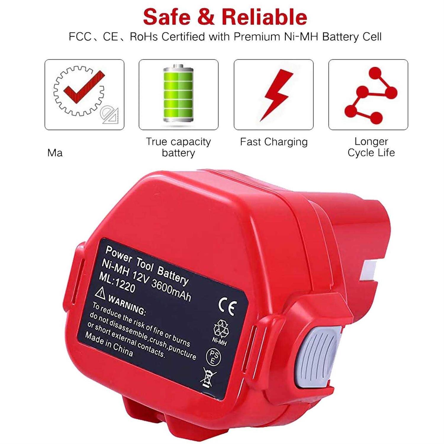 Boetpcr 2 packs 12 volt 3600mah replacement battery compatible with makita 12v battery ni-mh 1200 1220 1201 pa12 1222 1233s 1233sa 12 - Image 4