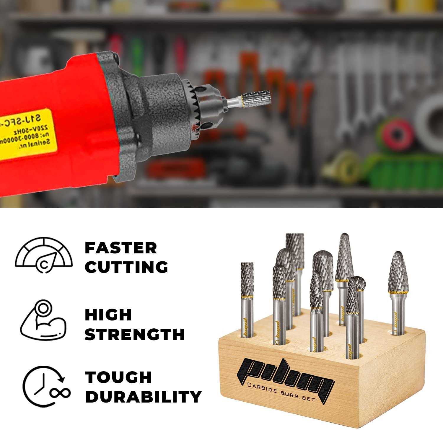 Tungsten Carbide Burr Set 1/4 Shank 10PC Double Cut Rotary Cutting Burrs Die Grinder Bits for Steel and Wood Working - Image 3