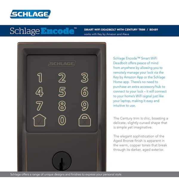Schlage Century Aged Bronze Encode Smart Wi-Fi Deadbolt with Alarm and Century Handleset and Latitude Handle - Image 3