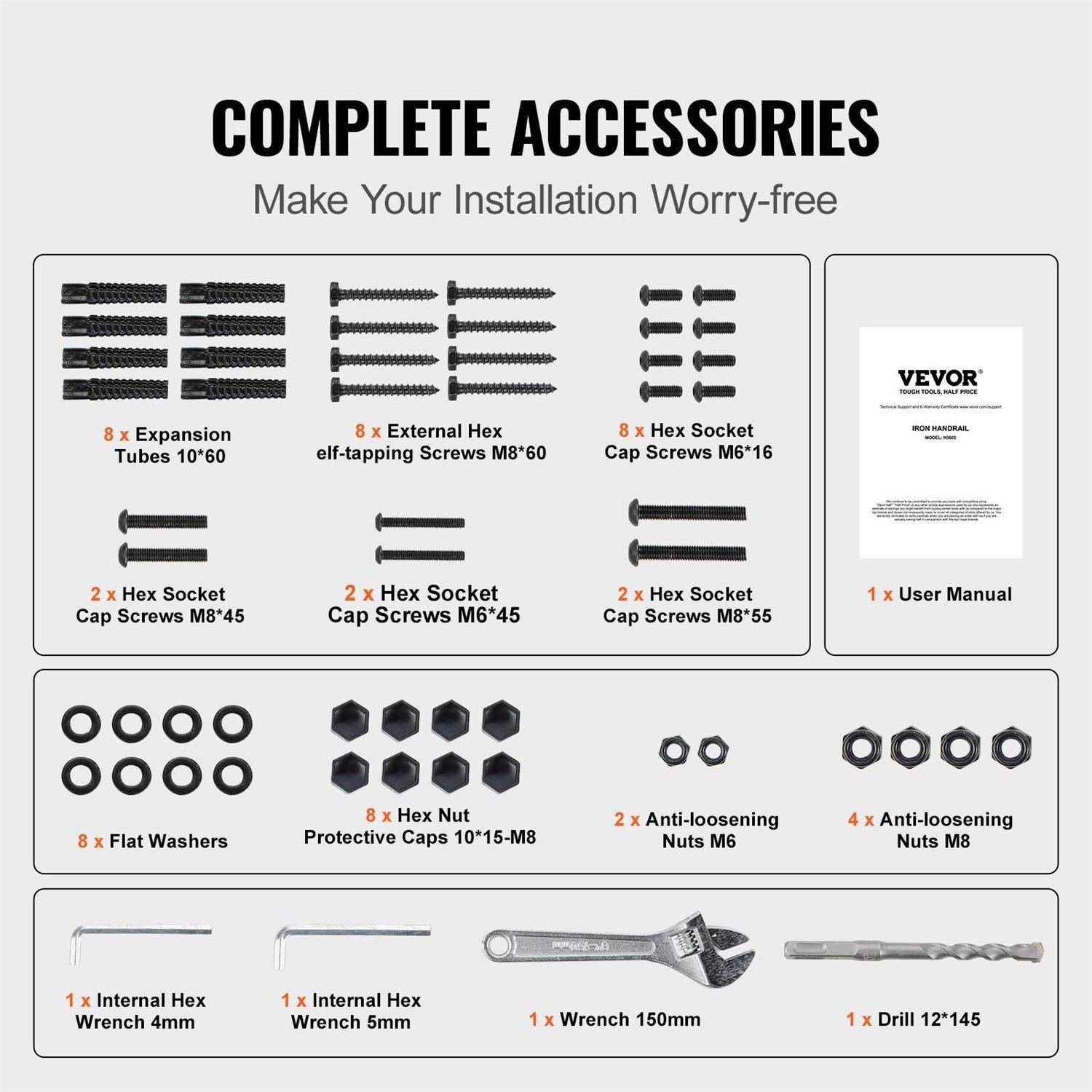 VEVOR Stair Handrail Railing, 3 ft, 3 Steps Handrails for Outdoor, Carbon Steel and Metal Hand Rail with Installation Kit - Image 5
