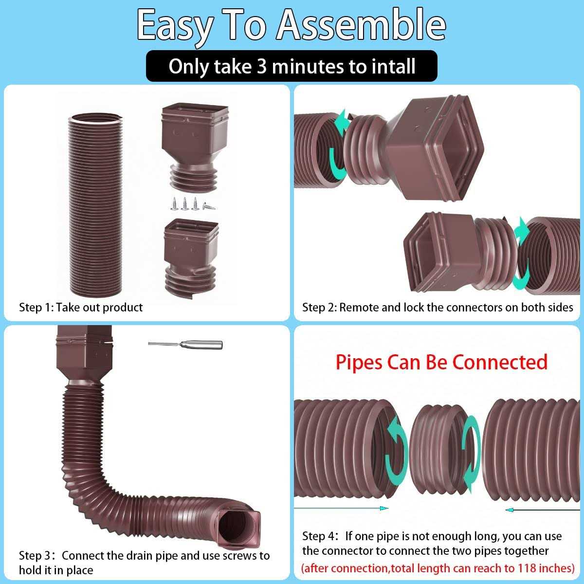 HAHOME 2 Pack Rain Gutter Downspout Extensions Flexible,Drain Downspout Extender Connector 21-60 with Screws - Image 4