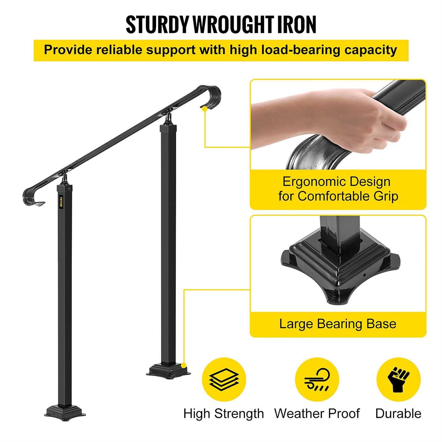 VEVORbrand Handrail for Stairs Fit 1 or 2 Steps Wrought Iron Handrail,Outdoor Stair Railing - Image 5