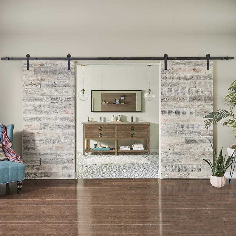 WINSOON 6 ft. Frosted Black Strap Sliding Barn Door Track Hardware Kit for Double Wood Doors Non-Routed Floor Guide - Image 4