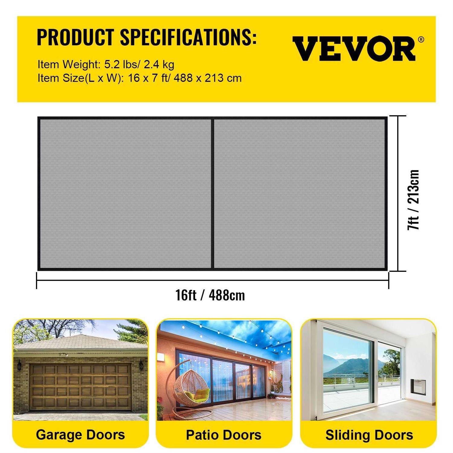 VEVOR Garage Door Screen 7 ft for 2 Cars Heavy-Duty Fiberglass Mesh for Quick Entry with Self Sealing Magnet and Weighted Bottom - Image 3